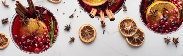 Panoramic shot of christmas cocktails with orange, pomegranate, cinnamon — Stock Photo