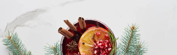 Panoramic shot of christmas cocktail with orange, pomegranate, cinnamon — Stock Photo