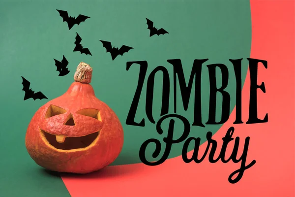 Spooky Halloween pumpkin on red and green background with zombie party and bats illustration — Stock Photo