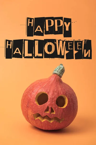 Spooky carved Halloween pumpkin on orange background with happy Halloween illustration — Stock Photo