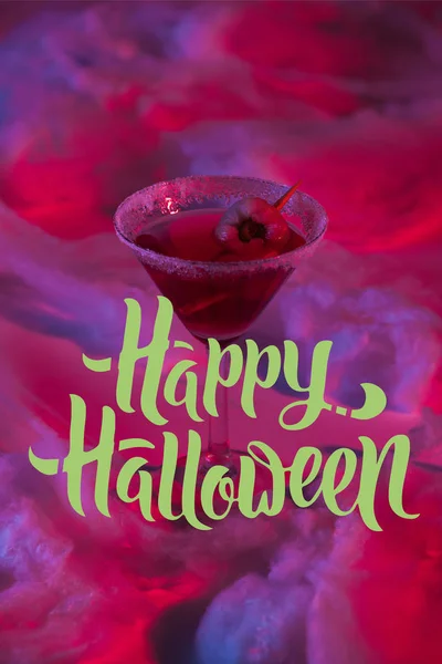 Halloween cocktail with cotton wool in red lighting with Happy Halloween illustration — Stock Photo