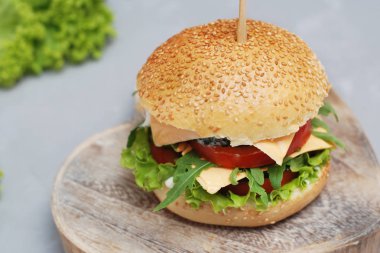 Fast food. Vejetaryen Homenade Burger salatalık, domates ve marul, salata. Taze sebze öğle yemeği için lezzetli sandviç. Dokulu gri