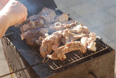 Kömür üzerinde Marine edilmiş kuzu kuzu eti Barbekü barbekü hazırlanıyor ızgara. Barbekü piknik