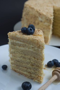 Katmanlı ev yapımı tatlım pasta seçici odak bluebery beyaz dilim yuvarlak tabak