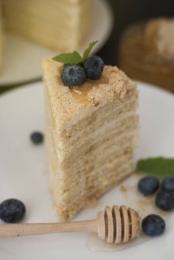 Katmanlı ev yapımı tatlım pasta seçici odak bluebery beyaz dilim yuvarlak tabak