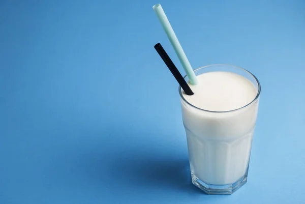Glass Milk Straw Isolated Blue Background Lactose Dairy — Stock Photo, Image