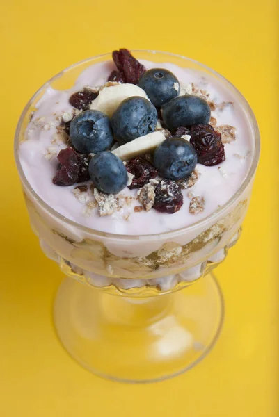 Café Manhã Copo Vidro Aveia Granola Com Frutos Secos Mirtilos — Fotografia de Stock