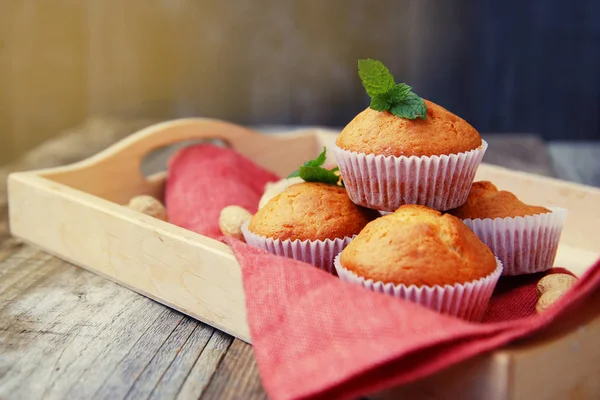 Homemade Muffin Orange Napkin Rustic Background — Stock Photo, Image