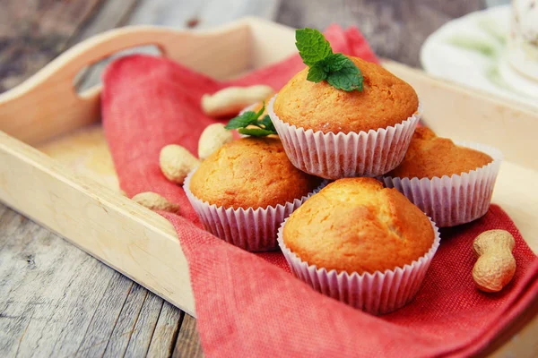 Homemade Muffin Orange Napkin Rustic Background — Stock Photo, Image