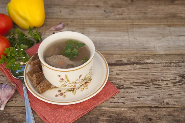 Clear Beef Broth Bouillon White Bowl Vegetables Wooden Table — Stock Photo, Image