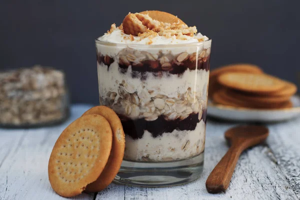 Granules Avoine Petit Déjeuner Avec Crème Verre Aliments Sains Couches — Photo