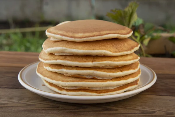 Pancakes Stack Isolated American Pancakes Wooden Table Breakfast — Stock Photo, Image