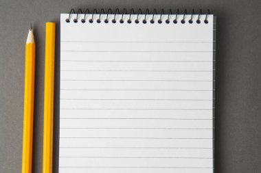 Not Defteri veya defter kalem gri arka plan üzerinde ile. Eğitim, iş kavramı