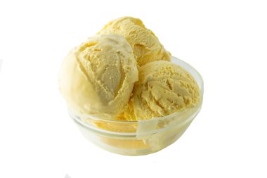 İzole üzerinde beyaz arka plan vanilyalı dondurma topu kaşık toz cam kase