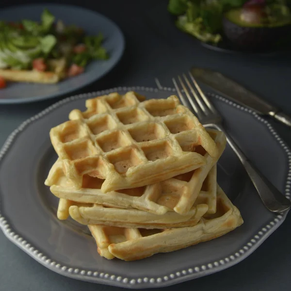 Belgian or french waffles for breakfast. Deliciouse dessert. Square iamge. — Stock Photo, Image