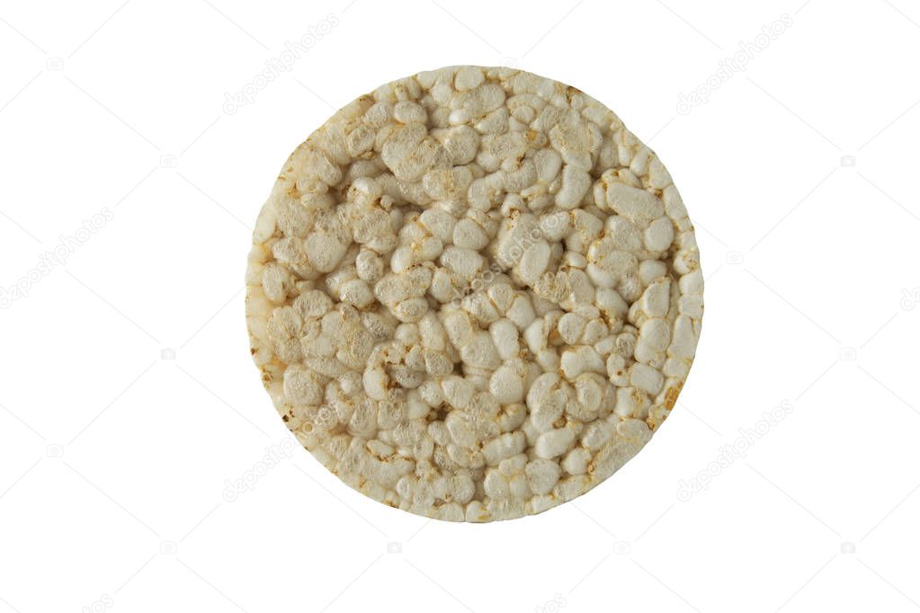Dietary rice cake isolated white background. Diet, fitness, lose weigh concept. Top view.