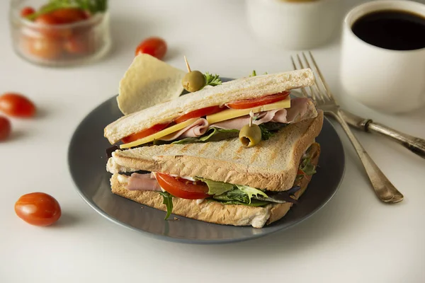 Homemade sandwich. Toasted double panini with ham, cheese fresh vegetables. Snack at work or lunch. Light background. — Stock Photo, Image