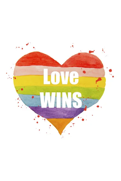 Love wins - LGTB concept. Watercolor rainbow heart isolated, hand-drawn colorful love concept. — Stock Photo, Image