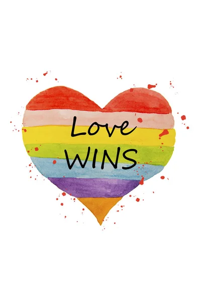 Miłość wygrywa-koncepcja LGTB. Akwarela tęczowe serce na białym tle, ręcznie rysowane kolorowe pojęcie miłości. — Zdjęcie stockowe