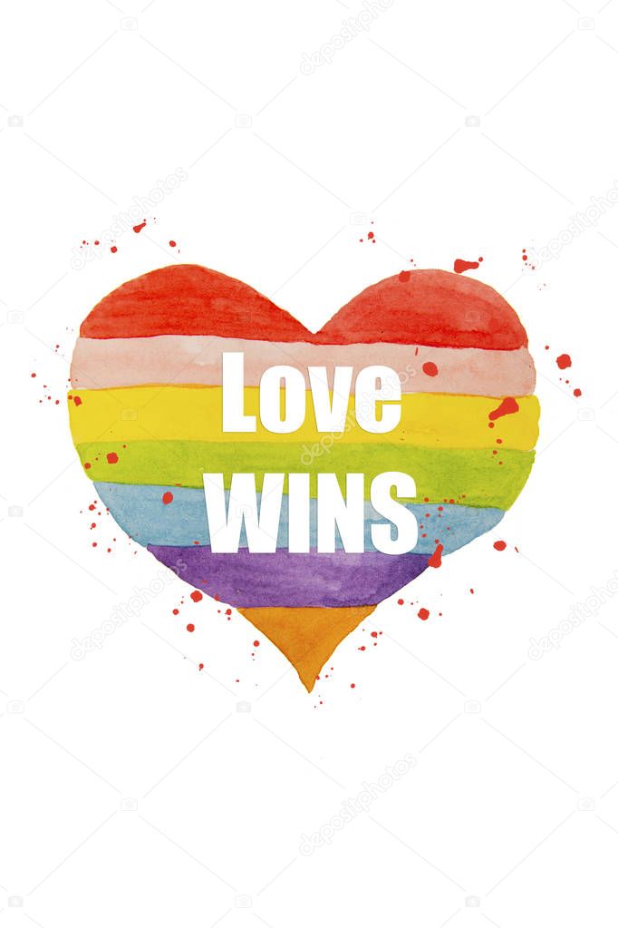 Love wins - LGTB concept. Watercolor rainbow heart isolated, hand-drawn colorful love concept.