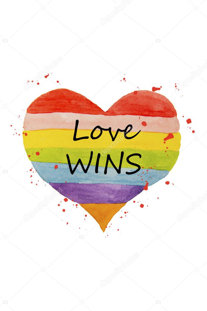 Love wins - LGTB concept. Watercolor rainbow heart isolated, hand-drawn colorful love concept.