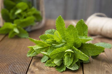 Ahşap arka plan üzerinde nane yaprakları kapatın. Yaz içkileri veya tatlı maddesi. Rustik tarz. İzole nane