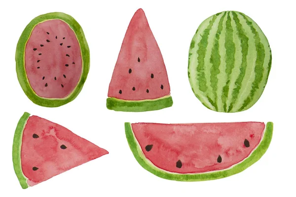 Handritade akvarell vattenmelon skivor set. Sommar illustration. Blandning av vattenmelon skivor designelement, mall för sommar bakgrund. — Stockfoto