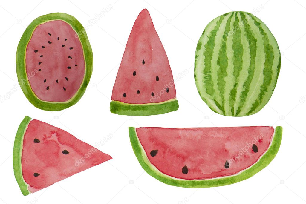 Hand drawn watercolor watermelon slices set. Summer illustration. Mix of watermelon slices design element, template for summer background.
