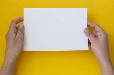 Kopya alanı ile sarı yalıtılmış boş beyaz, boş kağıt tutan eller