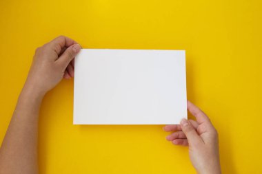 Kopya alanı ile sarı yalıtılmış boş beyaz, boş kağıt tutan eller
