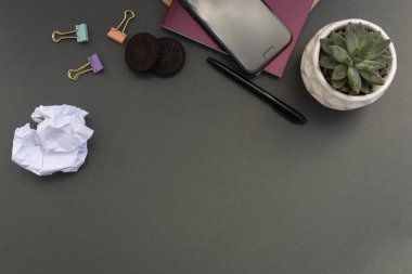 Dizüstü bilgisayarlar, akıllı telefon, papper, sulu bitki ile yaratıcı düz çalışma alanı masası yatıyordu. Gri arka plan. Kopya alanı. Kadınsı çalışma masası.