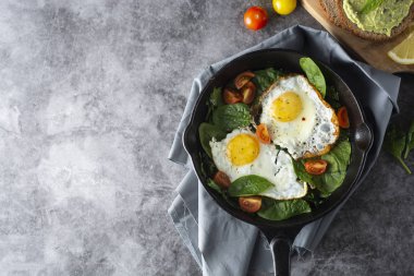 Ispanak, avokado tost ve taze domates ile kızarmış güneşli yumurta. sağlıklı kahvaltı gıda.