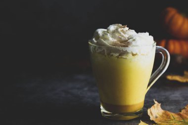 Baharatlı altın süt kabak sonbahar latte içecek milkshake krem köpük koyu siyah arka plan baner ile