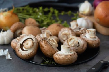 Şampiyon mantarları, yakın çekim, sağlıklı yemekler, üst manzara. Koyu arkaplan.