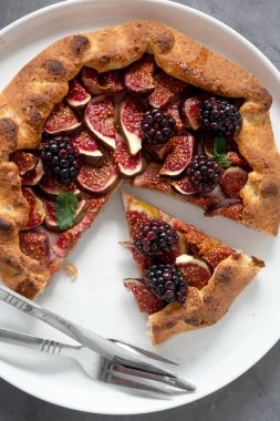 Taze incirli incir galeti. Geleneksel kır meyvesi ev yapımı turta, düz uzanma.