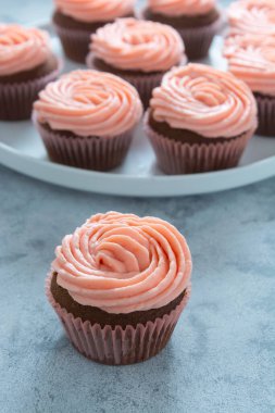 Çilekli tereyağlı lezzetli çikolatalı kekler, seçici odaklı. Boşluğu kopyala.