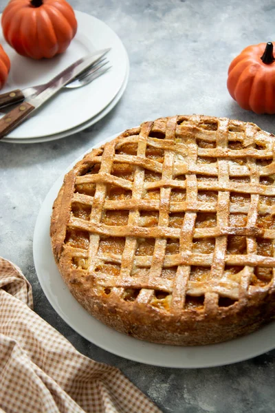 Kürbiskuchen Oder Torte Erntedank Halloween Oder Herbstdessert Ansicht Von Oben — Stockfoto