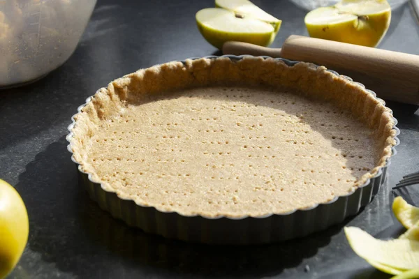 Raw Shortbread Dough Baking Tart Apple Pie Ingredients Home Baking — Stock Photo, Image