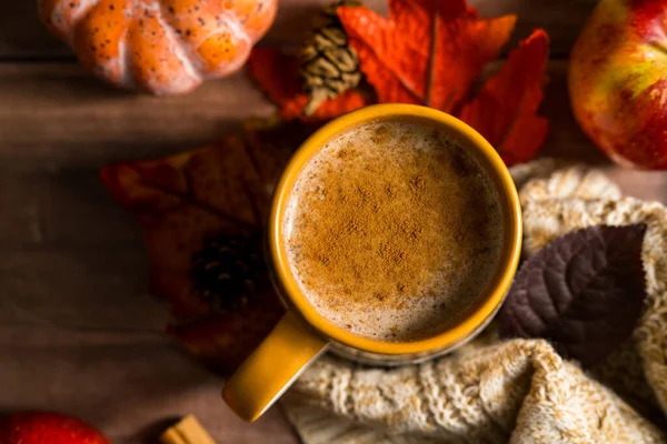 Sıcak içecek, elmalı ve tarçınlı sıcak sonbahar kahvesi, portakal kabakları, ahşap kırsal arka plan..