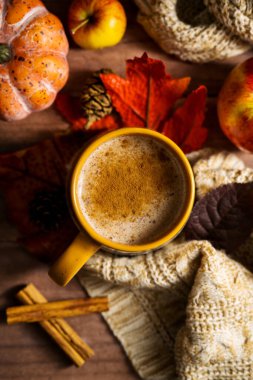 Sıcak içecek, elmalı ve tarçınlı sıcak sonbahar kahvesi, portakal kabakları, ahşap kırsal arka plan..