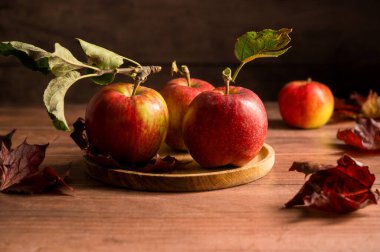 Taze toplanmış kırmızı elmalar, sonbahar kırsal ahşap arka plan, karanlık, karamsar tarz.