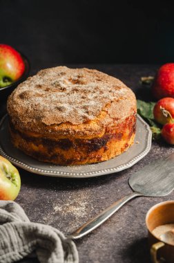 Tarçın arkaplanlı ev yapımı elmalı pasta, hayat tarzı karamsar yemek fotoğrafı..