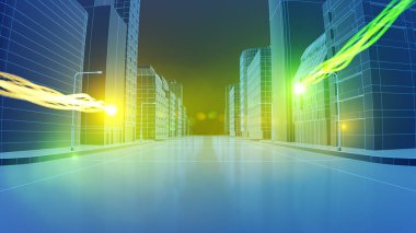 Throug tel kafes şehir hareketli renkli vuruş veri kavramı internet üzerinden seyahat. 3D çizim