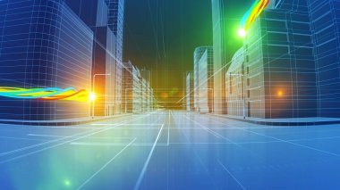 Throug tel kafes şehir hareketli renkli vuruş veri kavramı internet üzerinden seyahat. 3D çizim