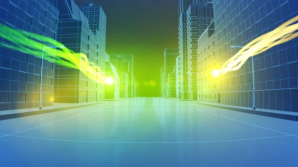 Πολύχρωμες πινελιές κινείται throug wireframe πόλη, έννοια των δεδομένων ταξιδεύουν μέσω του internet. 3D απεικόνιση — Φωτογραφία Αρχείου