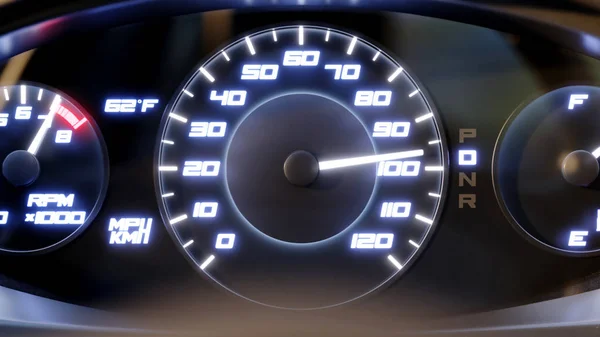 L'auto aumenta la velocità, il carico sul motore, contagiri, cruscotto — Foto Stock