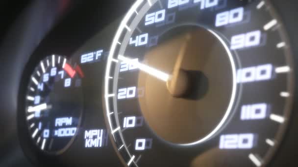Приборная панель в машине. Speedometer and moving, featuring lights leaks. Крупный план. 3D рендеринг, анимация . — стоковое видео