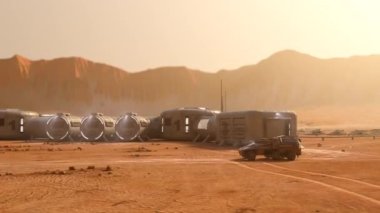 İki araçla donatılmış küçük bir Mars üssünün etrafında uçmak, gündüz görüşü. 4k animasyon