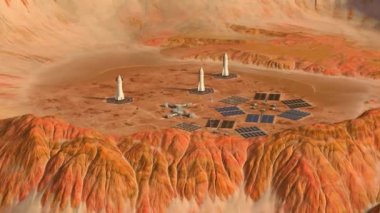 İki araçla donatılmış küçük bir Mars üssünün etrafında uçmak, gündüz görüşü. 4k animasyon