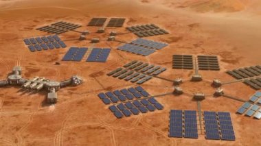 İki araçla donatılmış küçük bir Mars üssünün etrafında uçmak, gündüz görüşü. 4k animasyon